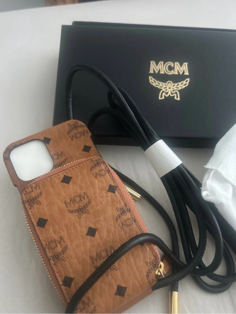MCM Cognac Visetos Zip Phone Pouch with Black Strap
